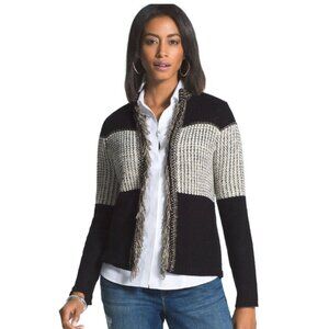 Chico's 3 Blocked Pattern Arleen Cardigan Sweater Textured Fringe Neutral Xl